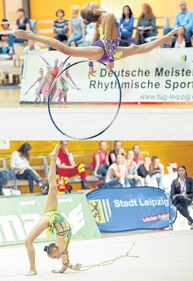  Runde Sache: TuG-Gymnastin Anna-Lisa Haaße bei ihrer Reifenübung (Bild oben). Bewegte Perspektive: Michelle Kolensky mit dem Seil (Bild unten).